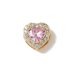 Бледно-Розовый Латунные микро проложить кубического циркония бусы, сердце, стойки покрытие, долговечный, без кадмия и без свинца, реальный 18 k позолоченный, розовый жемчуг, 9.5x9.5x6.5 мм, отверстие : 4.5x2.5 мм