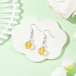 Желтый Серьги-подвески из латуни с синтетическим цитрином, круглые, платина, желтые, 42x10 мм