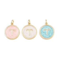 Aries Brass Enamel Pendants, Flat Round & Constellation Charms, Rack Plating, Long-Lasting Plated, Cadmium Free & Lead Free, Golden, Aries Charms, 17.5x15x2mm, Hole: 3mm