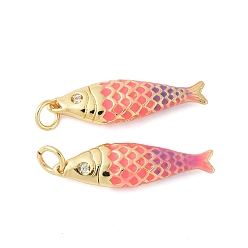 Pink Латунь эмаль подвески, с подвесками в форме рыбок из кубического циркония, стойки покрытие, без кадмия и без свинца, долговечный, реальный 18 k позолоченный, розовые, 25.5x7.5x3.8 мм, отверстие : 3.5 мм