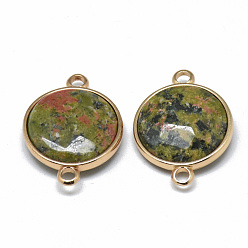 Унакит Натуральные соединители unakite links, с фурнитурой латунной золотого тона, граненые, плоско-круглые, 25.5~26.5x17~18x6~7 мм, отверстие : 2~2.5 мм