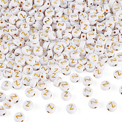Letter Z 500 Uds plateando cuentas de acrílico, metal dorado enlaced, agujero horizontal, plano y redondo con alfabeto, blanco, letra z, 7x3.5 mm, agujero: 1.2 mm