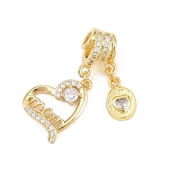 Настоящее золото 18K Подвески из латуни с микро паве ко Дню матери, прозрачные подвески с кубическим цирконием, сердце с мамиными подвесками, стойки покрытие, долговечный, без свинца и без кадмия, реальный 18 k позолоченный, 31 мм, отверстия : 3 mm и 4 мм, Сердце: 11x8x3 мм и 18x15x3 мм