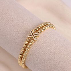 Letter X Браслеты из латуни с микропаве из прозрачных кубических циркониевых бусин, двойные нити, эластичные, для женщин, буква и круг, золотые, Письмо X, 6.69 дюйм (17 см)