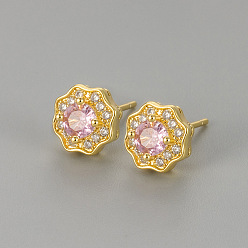 Pink Серьги-гвоздики из латуни с прозрачными кубическими циркониями ко Дню святого Валентина, цветок, золотые, розовые, 8x8 мм