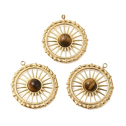 Настоящее золото 18K Вакуумное покрытие pvd 201 подвески из нержавеющей стали, с натуральным тигровый глаз, плоско-круглые, реальный 18 k позолоченный, 32x28x5.5 мм, отверстие : 1.8 мм