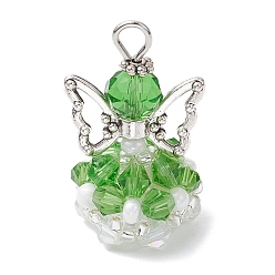 Зеленый лайм Стеклянные подвески, угол, с бусинами-крылышками из сплава и железной петлей, граненые, зеленый лайм, 29x18x16 мм, отверстие : 3 мм