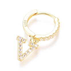 Letter V 925 Sterling Silver Hoop Earrings, Dangle Earrings, with Cubic Zirconia, with S925 Stamp, Letter, Clear, Golden, Letter.V, 19.5mm, Pendants: about 8.8X7.3X1.5mm, Pin: 0.6mm