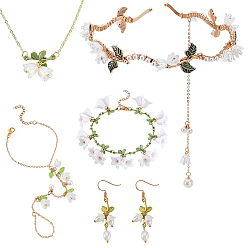 Золотой Латунные браслеты, ожерелья из сплава, серьги-подвески и наборы металлических резинок для волос, с подвесками из искусственного жемчуга и акрила из АБС-пластика, разнообразные, золотые, 140~450 мм