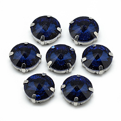 Прусский Синий Шить на горный хрусталь, многожильных ссылки, стекло горный хрусталь, с настройками латуни, аксессуары для одежды, граненые, плоско-круглые, платина, берлинская лазурь, 19x8 мм, отверстие : 1.2 мм