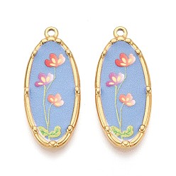 Васильковый Печатный стиль 304 овальные подвески из нержавеющей стали с цветочным узором, ионное покрытие (ip), реальный 18 k позолоченный, васильковый, 33.5x14x2.5 мм, отверстие : 1.8 мм
