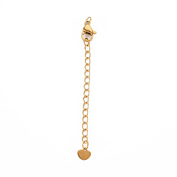 Золотой 304 удлинитель цепи из нержавеющей стали, без кадмия, без никеля и без свинца, с застежками и крошечным сердечком, золотые, 70 мм, отверстие : 2.5 мм