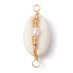 Золотой Подвески-коннекторы из натуральной оболочки с медной проволокой, с натуральным культивированным пресноводным жемчугом, золотые, 31.5x13.5x10 мм, отверстие : 2.7~3 мм