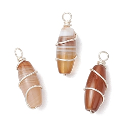 Серебро Подвески из натурального полосчатого агата с медной проволокой, рисовые прелести, верблюжие, серебряные, 27.5~28x9.5 мм, отверстие : 3 мм