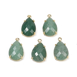 Зеленый Авантюрин Граненые подвески из натурального зеленого авантюрина, покрытие стойки латунные подвески-капли, золотые, 22x13x6 мм, отверстие : 1.6 мм