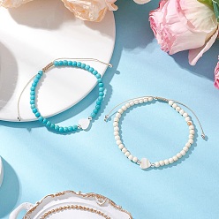 (52) Непрозрачная лаванда 2шт 2 цвета синтетические бирюзовые бусины браслеты, с натуральными пресноводными ракушками, сердце, разноцветные, внутренний диаметр: 3-1/8~5 дюйм (8~12.7 см), 1 шт / цвет