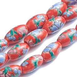 Цветок Ручной печатный шарики фарфора, овальные, цветочный узор, 14~16x8~9 мм, отверстие : 1.5~2 мм, около 23 шт / нитка, 13.5 дюйм (34 см)