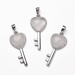 Хрусталь Природного кварца хрустальных подвесок, с латунной фурнитурой платинового цвета, без кадмия и без свинца, Сердце ключевых, 39x16.5~17x6~7.5 мм, отверстие : 8x5 мм