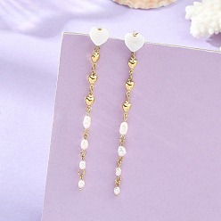 Golden Natural Cultured Freshwater Pearl & Brass Dangle Earrings, Heart, 304 Stainless Steel Studs Earrings for Women, Golden, 78x9mm