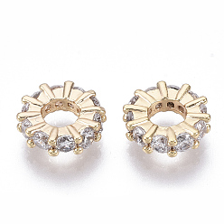 Настоящее золото 18K Латунные бусины из микрокубического циркония, без никеля , плоско-круглые, реальный 18 k позолоченный, 8x2 мм, отверстие : 3.5 мм