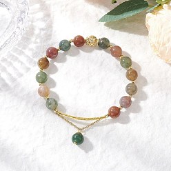 (RRHB277) Кристалл на подкладке из медово-бежевого цвета Браслеты из натурального индийского агата с круглыми бусинами, браслеты с подвесками для женщин, латуни и 304 результатов из нержавеющей стали, внутренний диаметр: 2-1/4 дюйм (5.8 см)