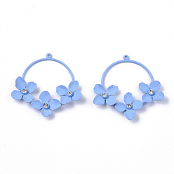 Light Sky Blue Spray Painted Eco-Friendly Iron Pendants, with Crystal Rhinestone, Flat Round with Flower, Cadmium Free & Nickel Free & Lead Free, Light Sky Blue, 40~41x39~40x5~6mm, Hole: 1.2mm
