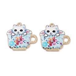 Светло-Голубой Печатные подвески сплава, чашка с кошкой, золотой свет, Небесно-голубой, 22.5x23x2.5 мм, отверстие : 2 мм