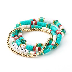 Turquoise Stretch Beaded Bracelets Sets, Stackable Bracelets, with Polymer Clay Heishi Beads, Glass & Brass Beads, Word Love, Golden, Turquoise, Inner Diameter: 2~2-1/4 inch(5~5.7m), 4pcs/set