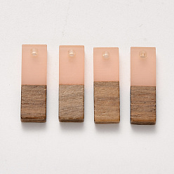 Pink Transparent Resin & Walnut Wood Pendants, Waxed, Rectangle, Pink, 20x6.5x3~4mm, Hole: 1.8mm