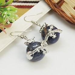 Sodalite Fashion Gemstone Earrings, Sodalite with Brass Earring Hooks, Midnight Blue, 42x20mm, Pin: 0.7mm