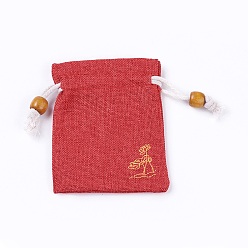 Красный Мешковины упаковочные пакеты, шнурок сумки, с деревянных бусин, красные, 10~10.1x8.2~8.3 см