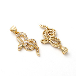 Настоящее золото 18K Латунные микропаве прозрачные подвески с фианитом, змея, реальный 18 k позолоченный, 25x14x3 мм, отверстие : 4.5x3 мм