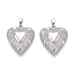Платинированный Латунные микро проложить кубического циркония подвески, сердце прелести, Реальная платина, 21x18.5x5 мм, отверстие : 5x2.5 мм