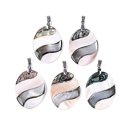 Oval Подвески из натуральной ракушки-абалона, черной ракушки-губоноски и розовой ракушки, с защелкой из нержавеющей стали на поручнях, цвет нержавеющей стали, овальные, 40x30x4 мм, отверстие : 5.5x4.5 мм