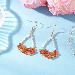 Красный Агат Серьги-подвески из натурального сердолика, с жемчугом из раковины , золотые, 59.5x27.5 мм