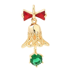 Christmas Bell Латунные подвески, с кубического циркония, золотые, Рождественский колокольчик, 25x12x12 мм, отверстие : 2 мм