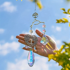 Clear AB Glass Teardrop Pendant Decorations, Alloy Heart with Tree of Life Hanging Suncatchers, for Home, Car Interior Ornaments, Clear AB, 410mm