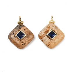 Пейзажный Джаспер Естественного изображения яшмы подвески, подвески в виде ромбов с латунной микрофиброй, реальный 18 k позолоченный, без кадмия и без свинца, стойки покрытие, долговечный, 21x16.5x7 мм, отверстие : 2.5 мм