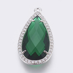 Зеленый Латунь стекло кулоны, с кубического циркония, граненые, слеза, платина, зелёные, 27.5x14x4 мм, отверстие : 1.2 мм