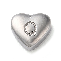 Letter Q 201 Stainless Steel Beads, Stainless Steel Color, Heart, Letter Q, 7x8x3.5mm, Hole: 1.5mm