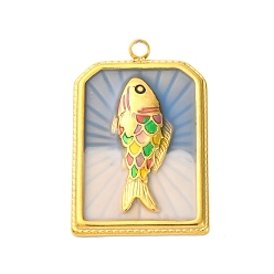 Стально-синий 304 подвески из нержавеющей стали, с эмалью, ионное покрытие (ip), реальный 18 k позолоченный, прямоугольник с подвеской в виде рыбы, стальной синий, 28x18x3 мм, отверстие : 2 мм