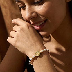 Золотой Элегантные круглые латунные браслеты из плетеных бусин с искусственным жемчугом, регулируемые женские браслеты из нейлоновой нити, плоские круглые с святым Бенедиктом, золотые, 11.02 дюйм (28 см)