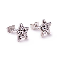Stainless Steel Color Crystal Rhinestone Star Stud Earrings, 304 Stainless Steel Jewelry for Women, Stainless Steel Color, 9x9mm, Pin: 0.6mm