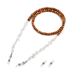 Quartz Crystal Eyeglasses Chains, Neck Strap for Eyeglasses, with Natural Wood Beads, Glass Beads, Chip Natural Quartz Crystal Beads, 304 Stainless Steel Lobster Claw Clasps and Rubber Loop Ends, 27.76 inch(70.5cm)