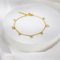 Настоящее золото 18K Стильные плоские круглые браслеты из нержавеющей стали с подвесками, браслеты из шариковой цепи для женщин, с кубического циркония, реальный 18 k позолоченный, 6-3/4 дюйм (17 см)