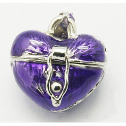 Индиго Латунные подвески коробки молитве, эмаль, сердце, индиговые, 16.5x17.5x14 мм, отверстие : 4x6 мм