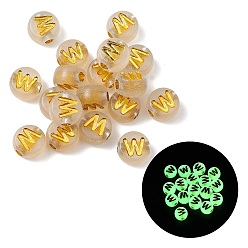 Letter W Светящиеся прозрачные акриловые бусины, плоские круглые с буквы, светится в темноте, золотой металл обвитыми, Буква W, 7x4 мм, отверстие : 1.8 мм, Около 3700 шт / 500 г
