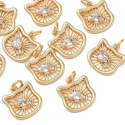 Real 18K Gold Plated SHEGRACE Brass Clear Cubic Zirconia Charms, Cat Head Shape Charms, Cadmium Free & Lead Free & Nickel Free, Real 18K Gold Plated, 14.5x13x3.5mm, Hole: 3mm