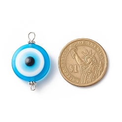 Platinum Transparent Evil Eye Resin Connector Charms, with Alloy Spacer Beads and Iron Double Loops, Mixed Color, Flat Round, Platinum, 32x20~20.5x9~9.5mm, Hole: 1.8mm and 3.5mm