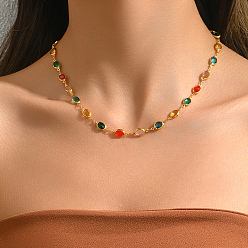 Разноцветный Современная мода латунные стеклянные овальные звенья цепи ожерелья для женщин, золотые, красочный, 17.72 дюйм (45 см)